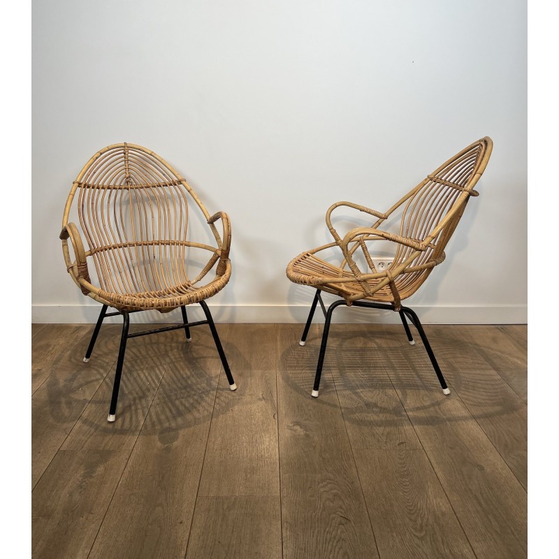 Pair of Basket Armchairs in Rattan with Black Lacquered Metal Base, 1960s Work