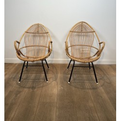 Pair of Basket Armchairs in Rattan with Black Lacquered Metal Base, 1960s Work