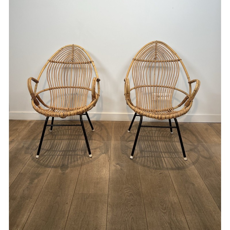 Pair of Basket Armchairs in Rattan with Black Lacquered Metal Base, 1960s Work