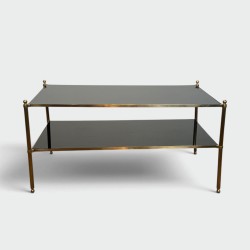 Rectangular Brass Coffee Table with Two Black Lacquered Glass Tiers, Fluted Uprights and Ball Feet, Maison Jansen, Circa 1960