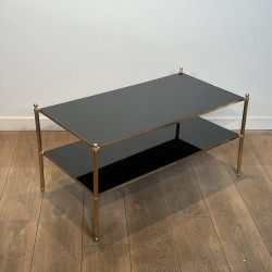 Rectangular Brass Coffee Table with Two Black Lacquered Glass Tiers, Fluted Uprights and Ball Feet, Maison Jansen, Circa 1960