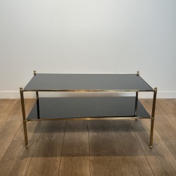 Rectangular Brass Coffee Table with Two Black Lacquered Glass Tiers, Fluted Uprights and Ball Feet, Maison Jansen, Circa 1960