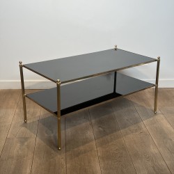 Rectangular Brass Coffee Table with Two Black Lacquered Glass Tiers, Fluted Uprights and Ball Feet, Maison Jansen, Circa 1960