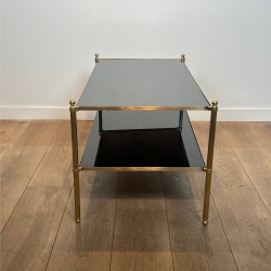 Rectangular Brass Coffee Table with Two Black Lacquered Glass Tiers, Fluted Uprights and Ball Feet, Maison Jansen, Circa 1960