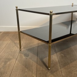 Rectangular Brass Coffee Table with Two Black Lacquered Glass Tiers, Fluted Uprights and Ball Feet, Maison Jansen, Circa 1960
