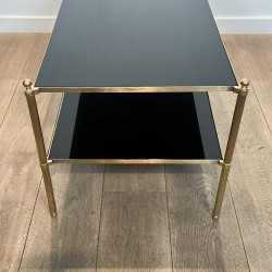 Rectangular Brass Coffee Table with Two Black Lacquered Glass Tiers, Fluted Uprights and Ball Feet, Maison Jansen, Circa 1960