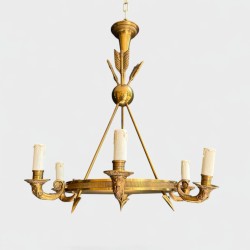 Empire Style Annular Chandelier in Gilt Bronze with Arrow and Mascaron Decoration, Six Lights, Circa 1900