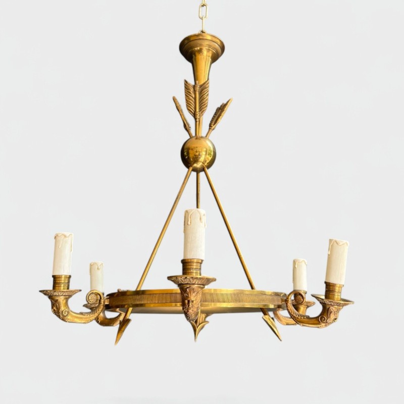 Empire Style Annular Chandelier in Gilt Bronze with Arrow and Mascaron Decoration, Six Lights, Circa 1900