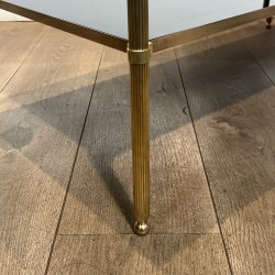 Rectangular Brass Coffee Table with Two Black Lacquered Glass Tiers, Fluted Uprights and Ball Feet, Maison Jansen, Circa 1960