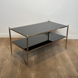 Rectangular Brass Coffee Table with Two Black Lacquered Glass Tiers, Fluted Uprights and Ball Feet, Maison Jansen, Circa 1960