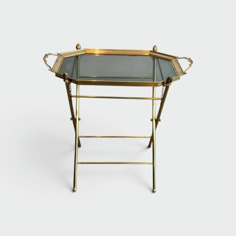 Serving Table with a Removable Octagonal Brass Top with a Gallery and Handles, Folding Base, Circa 1950