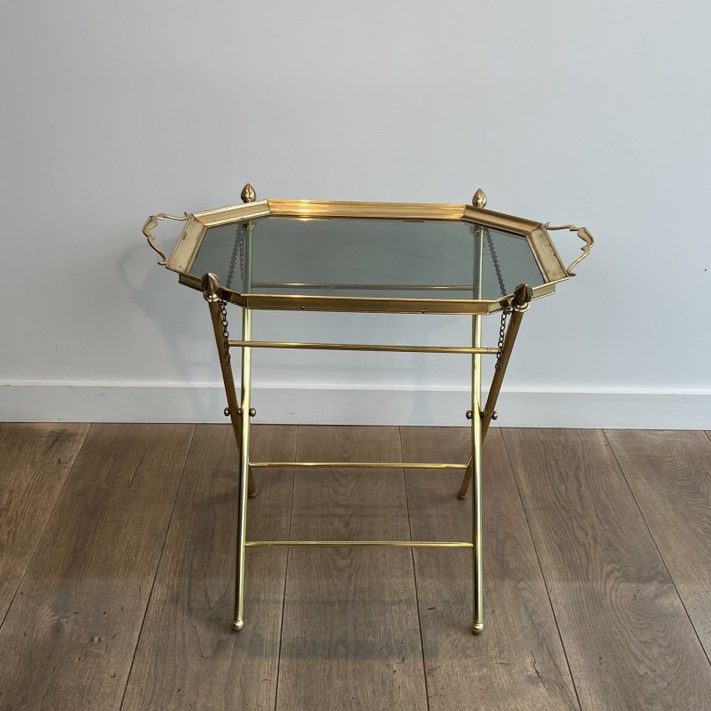 Serving Table with a Removable Octagonal Brass Top with a Gallery and Handles, Folding Base, Circa 1950