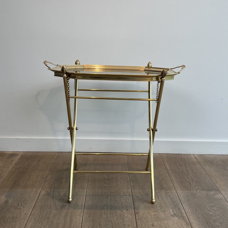Serving Table with a Removable Octagonal Brass Top with a Gallery and Handles, Folding Base, Circa 1950