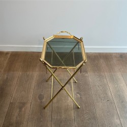 Serving Table with a Removable Octagonal Brass Top with a Gallery and Handles, Folding Base, Circa 1950