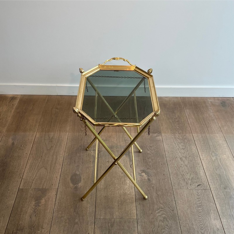 Serving Table with a Removable Octagonal Brass Top with a Gallery and Handles, Folding Base, Circa 1950