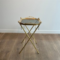Serving Table with a Removable Octagonal Brass Top with a Gallery and Handles, Folding Base, Circa 1950