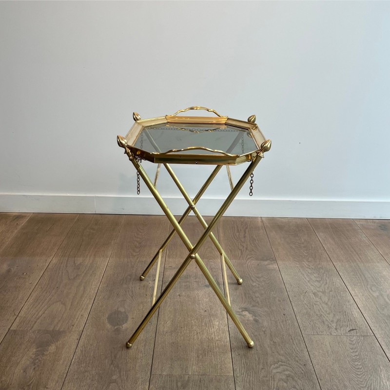Serving Table with a Removable Octagonal Brass Top with a Gallery and Handles, Folding Base, Circa 1950