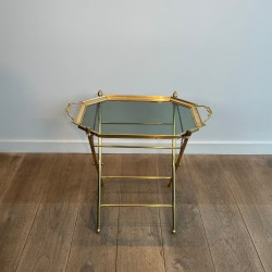 Serving Table with a Removable Octagonal Brass Top with a Gallery and Handles, Folding Base, Circa 1950