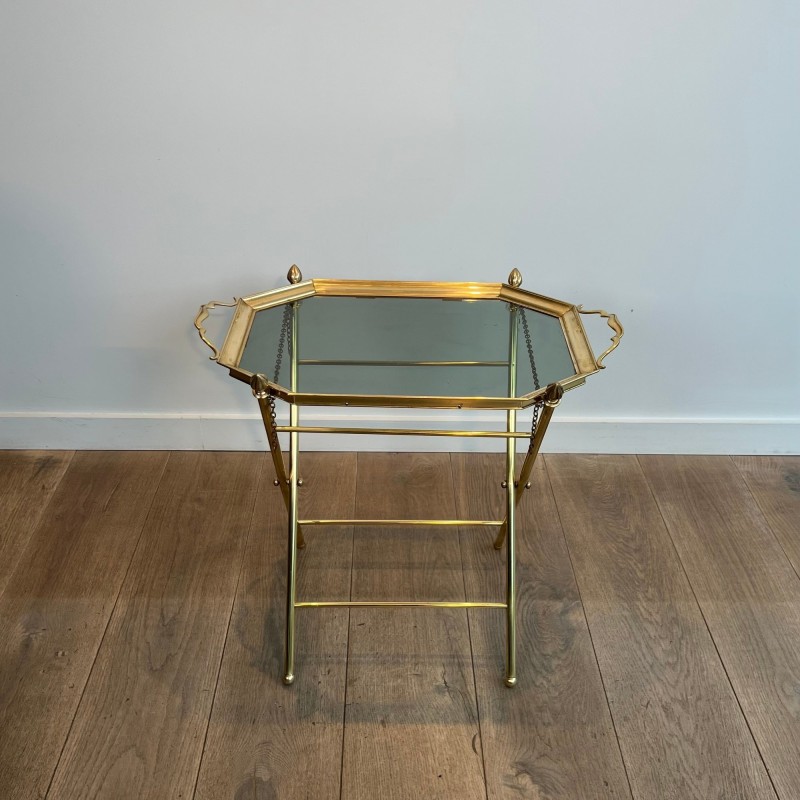 Serving Table with a Removable Octagonal Brass Top with a Gallery and Handles, Folding Base, Circa 1950