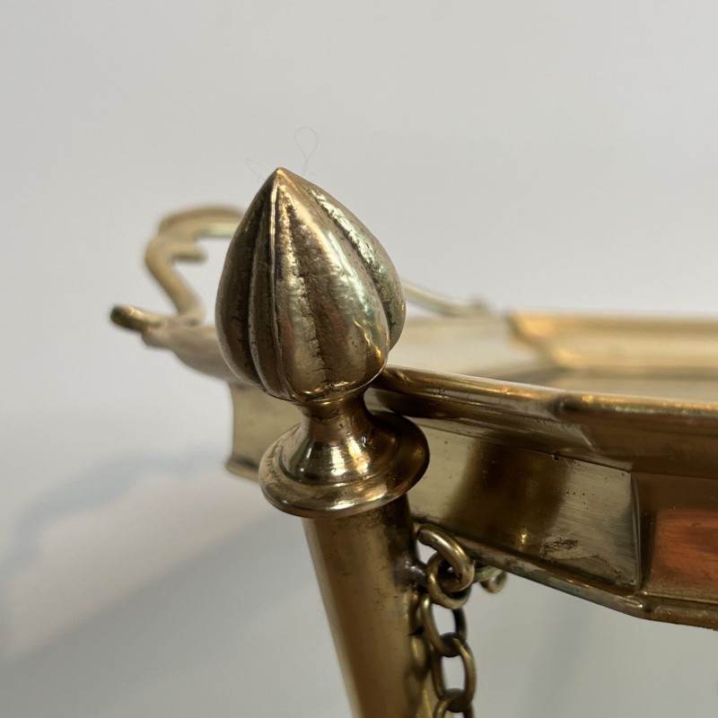Serving Table with a Removable Octagonal Brass Top with a Gallery and Handles, Folding Base, Circa 1950