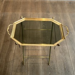 Serving Table with a Removable Octagonal Brass Top with a Gallery and Handles, Folding Base, Circa 1950
