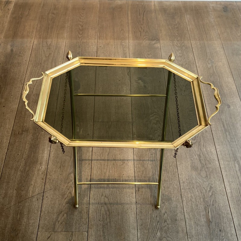Serving Table with a Removable Octagonal Brass Top with a Gallery and Handles, Folding Base, Circa 1950