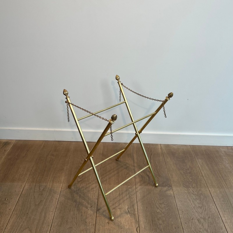 Serving Table with a Removable Octagonal Brass Top with a Gallery and Handles, Folding Base, Circa 1950