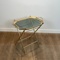 Serving Table with a Removable Octagonal Brass Top with a Gallery and Handles, Folding Base, Circa 1950