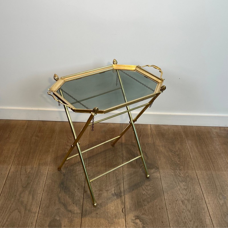 Serving Table with a Removable Octagonal Brass Top with a Gallery and Handles, Folding Base, Circa 1950