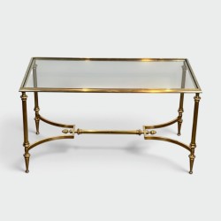 Rectangular Brass Coffee Table with Glass Top and H-Shaped Stretcher with Central Bar, Maison Jansen, Circa 1950