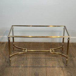 Rectangular Brass Coffee Table with Glass Top and H-Shaped Stretcher with Central Bar, Maison Jansen, Circa 1950