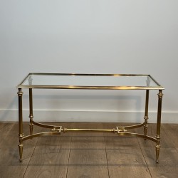 Rectangular Brass Coffee Table with Glass Top and H-Shaped Stretcher with Central Bar, Maison Jansen, Circa 1950