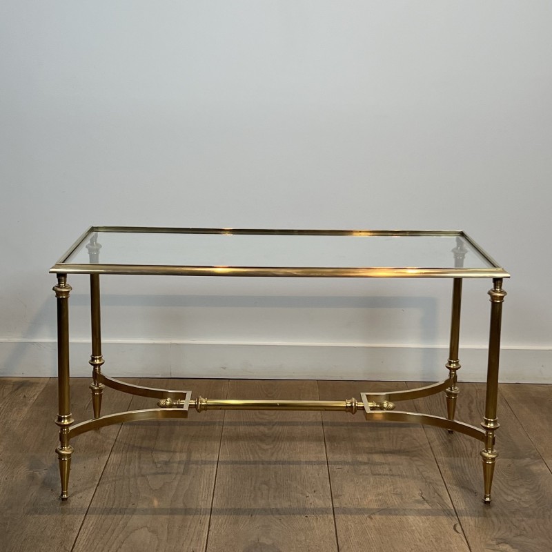 Rectangular Brass Coffee Table with Glass Top and H-Shaped Stretcher with Central Bar, Maison Jansen, Circa 1950