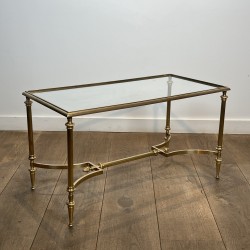 Rectangular Brass Coffee Table with Glass Top and H-Shaped Stretcher with Central Bar, Maison Jansen, Circa 1950