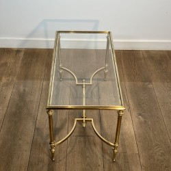 Rectangular Brass Coffee Table with Glass Top and H-Shaped Stretcher with Central Bar, Maison Jansen, Circa 1950