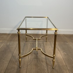 Rectangular Brass Coffee Table with Glass Top and H-Shaped Stretcher with Central Bar, Maison Jansen, Circa 1950