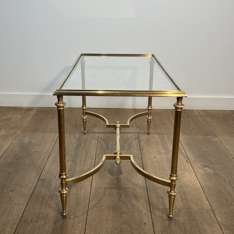 Rectangular Brass Coffee Table with Glass Top and H-Shaped Stretcher with Central Bar, Maison Jansen, Circa 1950