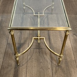 Rectangular Brass Coffee Table with Glass Top and H-Shaped Stretcher with Central Bar, Maison Jansen, Circa 1950