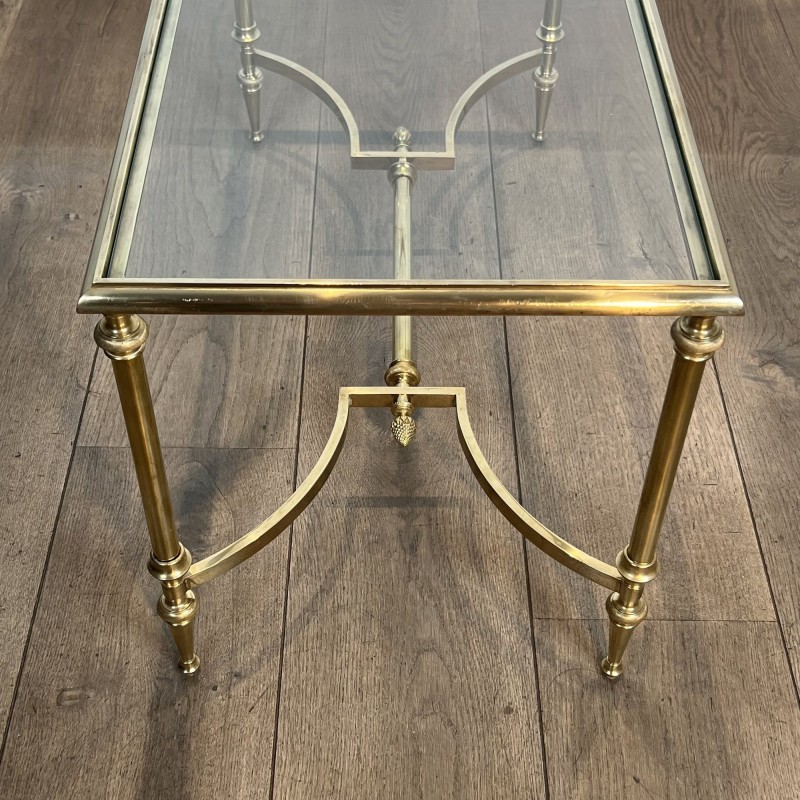 Rectangular Brass Coffee Table with Glass Top and H-Shaped Stretcher with Central Bar, Maison Jansen, Circa 1950