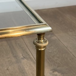 Rectangular Brass Coffee Table with Glass Top and H-Shaped Stretcher with Central Bar, Maison Jansen, Circa 1950