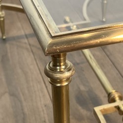 Rectangular Brass Coffee Table with Glass Top and H-Shaped Stretcher with Central Bar, Maison Jansen, Circa 1950