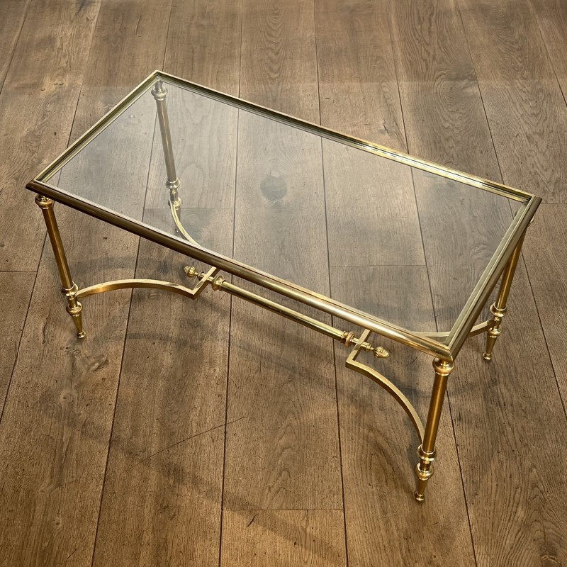 Rectangular Brass Coffee Table with Glass Top and H-Shaped Stretcher with Central Bar, Maison Jansen, Circa 1950