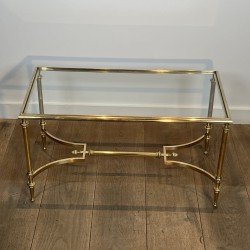 Rectangular Brass Coffee Table with Glass Top and H-Shaped Stretcher with Central Bar, Maison Jansen, Circa 1950