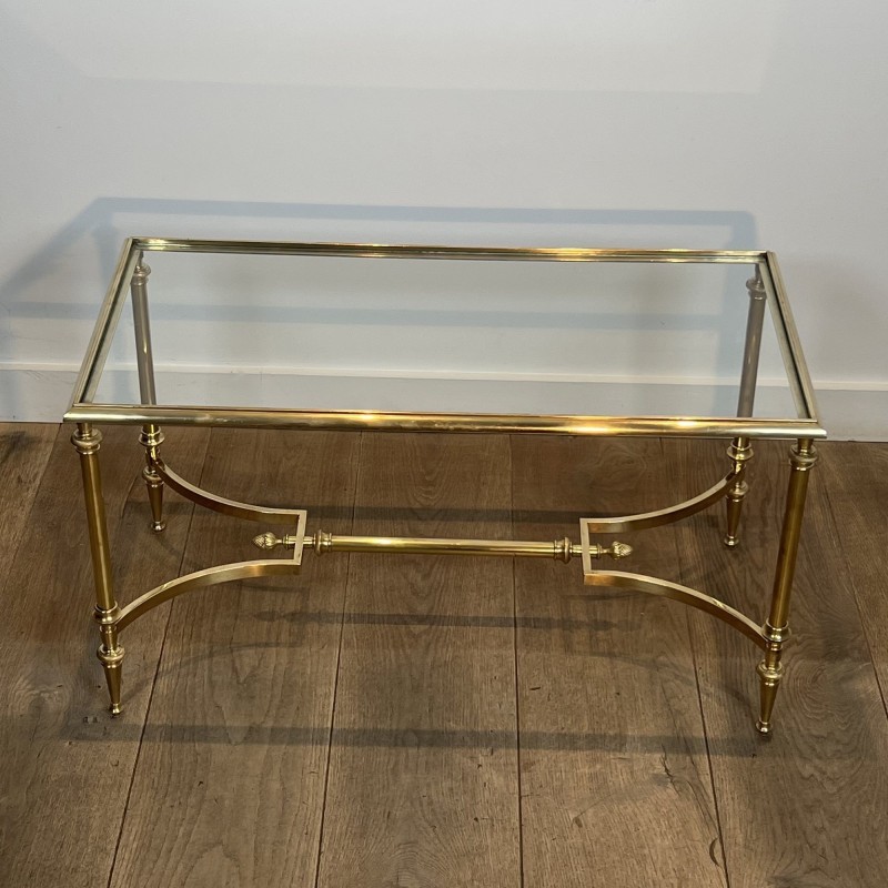 Rectangular Brass Coffee Table with Glass Top and H-Shaped Stretcher with Central Bar, Maison Jansen, Circa 1950