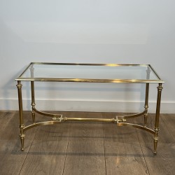 Rectangular Brass Coffee Table with Glass Top and H-Shaped Stretcher with Central Bar, Maison Jansen, Circa 1950