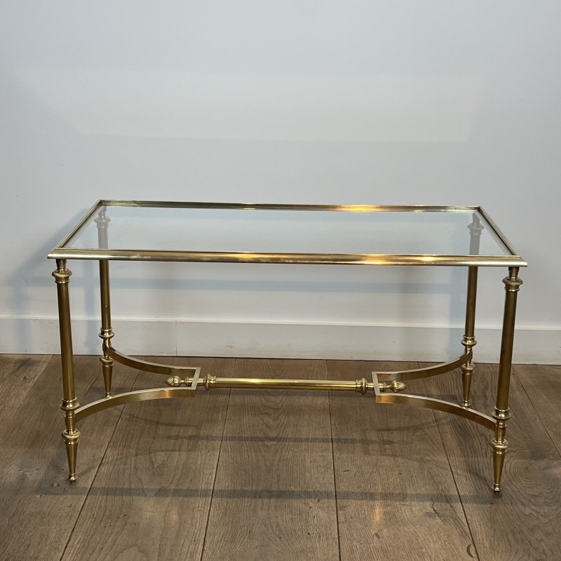 Rectangular Brass Coffee Table with Glass Top and H-Shaped Stretcher with Central Bar, Maison Jansen, Circa 1950