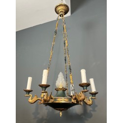 Empire Chandelier in Green Tôle, Gilt Bronze and Moulded Glass, French, circa 1920