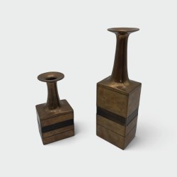 Pair of Square-Section Bronze Bottle Vases. Bruno Gambone. Circa 1970