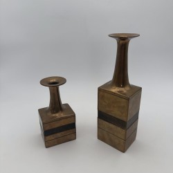 Pair of Square-Section Bronze Bottle Vases. Bruno Gambone. Circa 1970