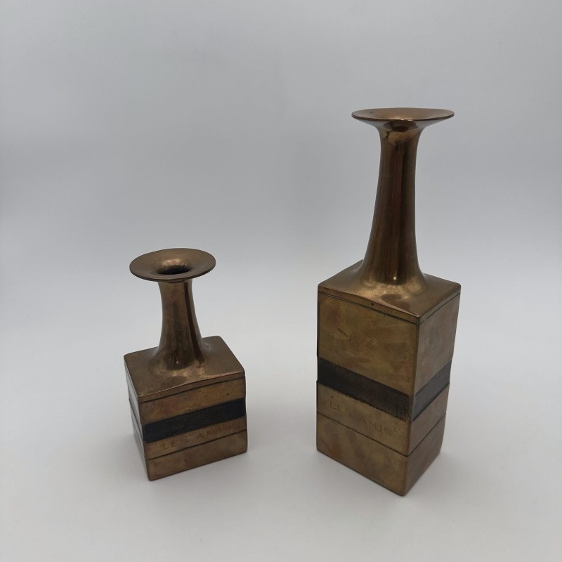 Pair of Square-Section Bronze Bottle Vases. Bruno Gambone. Circa 1970